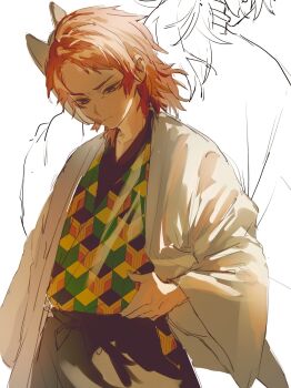 Rule 34 | 2boys, back-to-back, fox mask, grey hakama, hakama, haori, highres, japanese clothes, kikkoumon, kimetsu no yaiba, kimono, long hair, low ponytail, male focus, mask, medium hair, multiple boys, orange hair, ponytail, print kimono, sabito (kimetsu), tomioka giyuu, white background, white haori, yuui. (merefuseka)