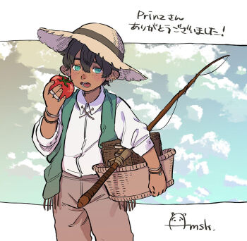 1boy ano_amesuke aqua_eyes bad_source basket black_hair bracelet cloud commentary_request commission dark-skinned_male dark_skin earrings final_fantasy final_fantasy_xiv fishing_rod food freckles green_scarf hat holding holding_basket holding_food holding_vegetable jewelry lalafell male_focus multiple_earrings pointy_ears scarf signature skeb_commission solo stud_earrings sun_hat tomato translation_request vegetable warrior_of_light_(ff14)