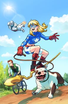 1girl 2boys animal_hands bicycle blonde_hair blue_eyes boots dc_comics dog dog_paws gloves green_eyes highres lace-up_boots leash long_sleeves midriff mike_dugan multiple_boys official_art open_mouth outdoors red_gloves red_hair road s.t.r.i.p.e sen_(sen69) shoelaces shoes sneakers staff star_(symbol) stargirl superhero_costume teeth tongue tongue_out