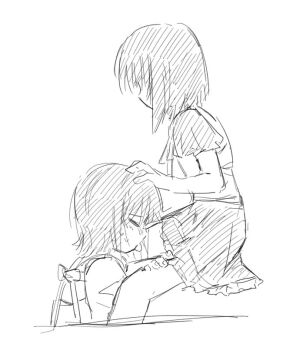2girls amakura_mayu amakura_mio bandaged_leg bandages blush bob_cut chinese_commentary closed_mouth commentary_request covered_eyes covered_mouth fatal_frame fatal_frame_ii:_crimson_butterfly feet_out_of_frame frilled_skirt frills from_side greyscale hand_on_another's_head hand_on_another's_thigh hand_up incest invisible_chair licking licking_leg miniskirt monochrome multiple_girls profile shirt short_hair short_sleeves siblings simple_background sisters sitting sketch skirt sweat tongue tongue_out twincest twins u_yufei white_background yuri
