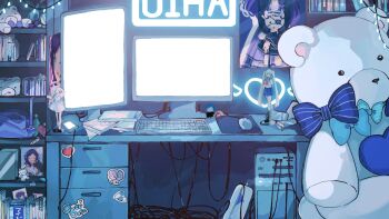 absurdly_detailed_composition aiba_uiha blonde_hair blue_bow blue_sailor_collar blue_skirt bookshelf bow commentary_request computer computer_keyboard computer_mouse desk eyepatch figure glowing halo highres indoors internet_overdose loaded_interior long_hair monitor mousepad_(object) needy_girl_overdose nijisanji no_humans official_art pleated_skirt poster_(object) sailor_collar school_uniform serafuku skirt sofra striped_bow stuffed_animal stuffed_toy teddy_bear twintails vertical_monitor very_long_hair virtual_youtuber