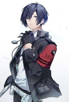 Rule 34 | 1boy, arm up, armband, belt, black gloves, black jacket, black pants, blue eyes, blue hair, collared jacket, collared shirt, gekkoukan high school uniform, gloves, gun, handgun, headphones, headphones around neck, highres, holding, holding gun, holding weapon, holster, jacket, kadano 02, layered sleeves, long sleeves, male focus, mp3 player, open clothes, open jacket, pants, parted hair, parted lips, persona, persona 3, red armband, s.e.e.s, school uniform, shirt, solo, standing, suit jacket, weapon, white background, white belt, white shirt, wing collar, yuuki makoto (persona 3)