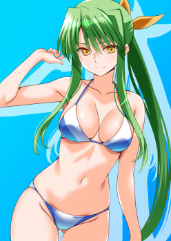 1girl bikini blue_background breasts cleavage commentary_request commission cowboy_shot engo_(aquawatery) gluteal_fold green_hair highres long_hair looking_at_viewer medium_breasts multicolored_bikini navel pixiv_commission ponytail sakurai_chisato sidelocks smile solo string_bikini swimsuit thigh_gap two-tone_bikini white_bikini wrestle_angels yellow_eyes