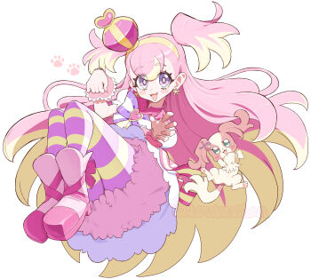 1girl :3 :d arched_crown blonde_hair blush_stickers boots bow bright_pupils brooch butterfly_earrings capelet cavalier_king_charles_spaniel_(dog) chest_bow claw_pose colored_tips commentary crown cure_wonderful dog dot_nose dress dress_bow earrings fingernails frilled_wrist_cuffs frills full_body gold_hairband green_eyes hair_ornament hairband hairclip hands_up heart heart_brooch heart_hair_ornament highres inukai_iroha inukai_iroha_(dog) inukai_komugi jewelry knees_up kuruinuchan layered_dress long_hair looking_at_viewer magical_girl midair mini_crown multicolored_bow multicolored_hair multicolored_pantyhose open_mouth orange_fur pantyhose paw_pose paw_print pawpads petticoat pink_boots pink_bow pink_capelet pink_crown pink_dress pink_hair pink_pantyhose pink_wrist_cuffs precure puffy_short_sleeves puffy_sleeves purple_bow purple_eyes short_dress short_sleeves simple_background smile spaniel_(dog) striped_bow striped_clothes striped_pantyhose thick_eyebrows twitter_username two-tone_fur two-tone_hair two-tone_pantyhose two_side_up very_long_hair white_background white_fur wonderful_precure! wrist_cuffs yellow_pantyhose yellow_pupils