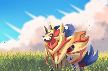 1258265894 closed_mouth cloud commentary_request day field gen_8_pokemon glint legendary_pokemon looking_ahead nintendo no_humans orange_eyes outdoors pokemon pokemon_(creature) sky solo zamazenta