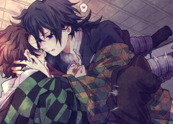 2boys aoi_choko_(aoichoco) black_hair black_jacket blue_eyes blush brown_hair checkered_haori closed_eyes commentary_request demon_slayer_uniform haori heart high_collar jacket japanese_clothes kamado_tanjirou kikkoumon kimetsu_no_yaiba long_hair low_ponytail male_focus multiple_boys ponytail print_haori red_haori short_hair spiked_hair spoken_heart tomioka_giyuu tongue yaoi