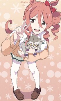 1girl absurdres animal_ears blush bow breasts brown_cardigan brown_hair cardigan commentary_request drill_hair drill_sidelocks ear_bow ear_ornament ear_ribbon highres horse_ears horse_girl horse_tail kasamatsu_tracen_school_uniform kasamatsu_tracen_training_uniform looking_at_viewer medium_hair norn_ace_(umamusume) oguri_cap_(umamusume) open_mouth school_uniform shirt side_drill sidelocks single_drill smile solo stuffed_toy tail taishou_(yzkt3453) umamusume umamusume:_cinderella_gray white_shirt