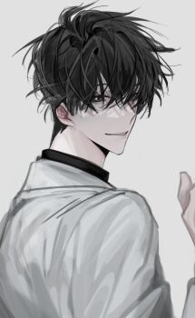Rule 34 | 1boy, absurdres, black eyes, black hair, black shirt, coat, hand up, hayu beck, highres, kim dokja, looking back, male focus, omniscient reader's viewpoint, partially shaded face, shirt, short hair, smile, solo, upper body, white coat