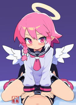 angel boots boy_on_top crossdressing demon detached_sleeves kuu pink_eyes pink_hair pointy_ears rin_nightmare school_uniform shorts straddling sulfur trap trap_on_trap wings