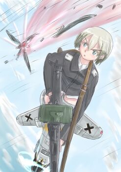 1girl black_hair black_jacket blonde_hair blue_eyes blue_sky cloud commentary_request erica_hartmann flying gun hair_between_eyes jacket keyboardnoob machine_gun magazine_(weapon) mg42 military military_uniform motion_lines multicolored_hair neuroi shirt short_hair sky solo streaked_hair strike_witches striker_unit thighs translation_request weapon white_shirt world_witches_series wreckage
