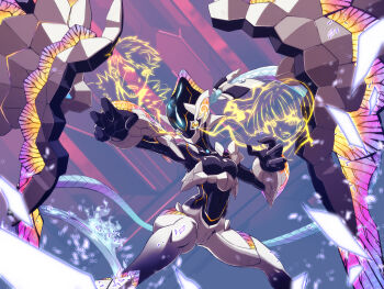 Rule 34 | 1boy, 1girl, blue fire, breasts, cut-in, detached wings, fighting stance, fire, lanz (xenoblade), ouroboros (xenoblade), ridai (rx-78-5yori), sena (ouroboros) (xenoblade), sena (xenoblade), shards, wings, xenoblade chronicles (series), xenoblade chronicles 3