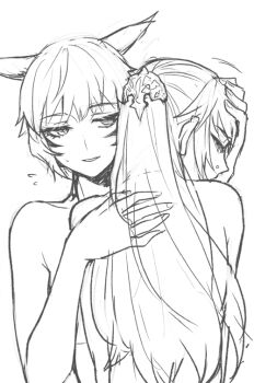 2girls animal_ears bamboo9545 cat_ears commentary facial_mark final_fantasy final_fantasy_xiv greyscale hand_on_another&#039;s_back hand_on_another&#039;s_head hume long_hair lyse_hext miqo&#039;te monochrome multiple_girls parted_lips ponytail whisker_markings y&#039;shtola_rhul yuri