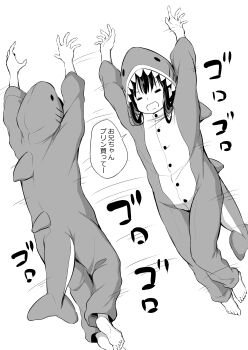 1girl =_= absurdres airandou animal_costume animal_hood arms_up barefoot full_body greyscale highres hood long_sleeves lying monochrome open_mouth original pajamas shark_costume shark_hood soles solo speech_bubble translated