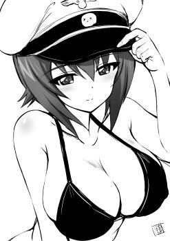 1girl adjusting_clothes adjusting_headwear bikini black_bikini blush breasts cleavage girls_und_panzer hat highres kamogawa_tanuki large_breasts looking_at_viewer military military_hat navel nazi nishizumi_maho peaked_cap reichsadler short_hair shoulder_blush signature simple_background smile solo swimsuit totenkopf upper_body white_background