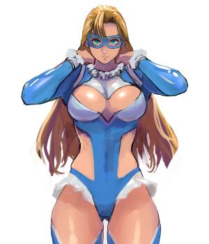 1girl 6maker alternate_hairstyle blonde_hair blue_eyes blue_leotard breasts clothing_cutout domino_mask eye_mask hair_down highres large_breasts leotard long_hair mask muscular muscular_female rainbow_mika simple_background solo street_fighter thighs white_background wrestler wrestling_mask wrestling_outfit wrestling_ring