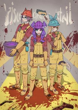1boy 2girls animal_ears belt blood blood_on_clothes blood_splatter blue_eyes blue_headwear blue_ribbon boots breasts broom brown_belt bucket darkgreyclouds dog_ears english_text glasses gloves hair_behind_ear hard_hat head_wings helmet heterochromia highres holding holding_broom holding_bucket holding_mop long_hair looking_up medium_breasts mop multiple_girls mysta_rias nijisanji nijisanji_en orange_headwear overalls pointy_ears pomu_rainpuff purple_eyes purple_headwear red_eyes red_shirt ribbon selen_tatsuki shirt short_hair smile straight-on very_long_hair virtual_youtuber wings yellow_boots yellow_gloves yellow_overalls