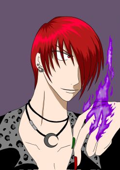 1boy fire jewelry male_focus male_hand necklace pale_skin pyrokinesis smile the_king_of_fighters yagami_iori yukari_nesan