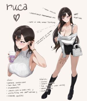 1girl armpit_crease artist_name asymmetrical_bangs bag bare_shoulders black_boots black_bra black_hair black_shorts blush boots bra bracelet breasts cleavage commentary cup disposable_coffee_cup disposable_cup drinking drinking_straw earbuds earphones earrings english_commentary english_text full_body handbag highres holding holding_cup jewelry knee_boots large_breasts long_hair long_sleeves looking_at_viewer looking_to_the_side multiple_views nail_polish necklace off-shoulder_sweater off_shoulder original paid_reward_available purple_eyes red_nails reference_sheet ruca_(rucarachi) rucarachi short_shorts shorts shoulder_bag signature simple_background sleeveless sleeveless_turtleneck smile sweater tank_top turtleneck underwear upper_body white_sweater women_on_twitter_(meme)