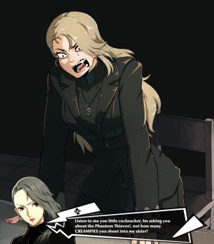 1girl absurdres angry asymmetrical_hair chair coat constricted_pupils cupperexe d: dialogue_box english_text fingernails highres implied_hetero indoors niijima_sae open_mouth persona persona_5 persona_5_the_royal red_eyes sharp_teeth speech_bubble teeth