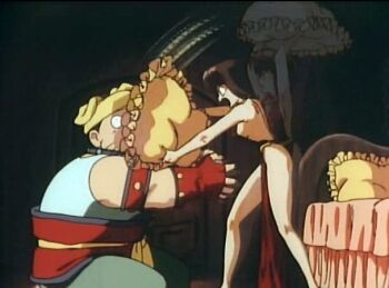 1990s_(style) 1boy 1girl angry animated animated_gif armband bed bedroom breasts brown_hair cleavage collar dress gloves hat hitting legs no_bra pillow pillow_fight ranma_1/2 ranma_1/2_kessen_tougenkyou!_hanayome_wo_torimodose! retro_artstyle short_hair tendou_nabiki wanton