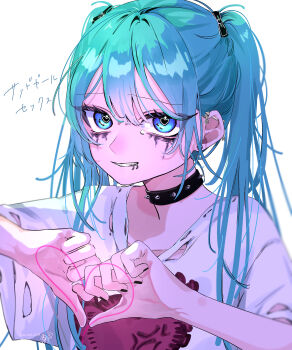 1girl absurdres ame_namida barbell_piercing blue_eyes blue_hair bow bridge_piercing collar commentary_request ear_piercing earrings face_piercing grin hair_bow hatsune_miku heart heart-shaped_pupils heart_hands highres industrial_piercing jewelry lip_piercing lip_ring long_hair looking_at_viewer makeup nail_polish piercing portrait runny_makeup sad_girl_sex_(vocaloid) shirt short_sleeves smile solo spiked_collar spikes symbol-shaped_pupils t-shirt torn_clothes torn_shirt translation_request twintails vocaloid