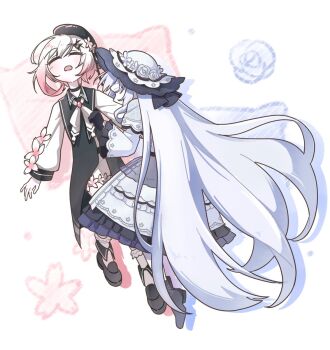 Rule 34 | 2girls, absurdly long hair, beret, black choker, black gloves, black shoes, choker, closed eyes, commentary, commission, dress, english commentary, flower, frilled dress, frilled sleeves, frills, full body, gloves, gradient hair, hair flower, hair ornament, hat, highres, long hair, long sleeves, mahou shoujo no majo saiban, multicolored hair, multiple girls, open mouth, pink hair, sakuraba ema, shilizi, shoes, short hair, socks, tsukishiro yuki, unconscious, very long hair, white background, white dress, white flower, white hair, white hat, white socks, x hair ornament