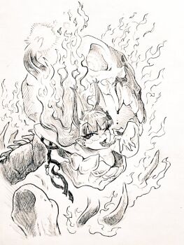 Rule 34 | 1girl, animal ear fluff, animal ears, cat ears, commentary request, extra ears, fire, greyscale, kaenbyou rin, long sleeves, menotama, monochrome, multi-source commentary, multiple tails, one eye closed, open mouth, pointy ears, skull, solo, tail, tongue, tongue out, touhou, traditional media, two tails