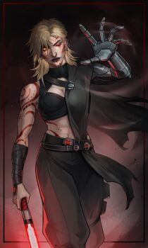 1girl abs absurdres arm_tattoo black_pants blonde_hair commentary eerie-icebreaker energy_sword english_commentary facial_tattoo highres holding holding_sword holding_weapon lightsaber looking_at_viewer mechanical_arms midriff navel one_eye_closed pants red_lightsaber saleen_jarvik_(ivynotorious) single_mechanical_arm solo star_wars sword tattoo weapon yellow_eyes