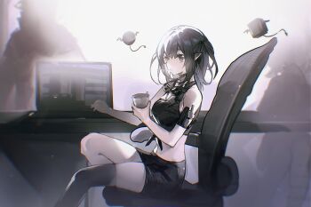 1girl 2others arknights asymmetrical_legwear bare_shoulders black_skirt black_tank_top breasts brown_eyes chair closure_(act_iii)_(arknights) closure_(arknights) commentary_request computer crop_top cup expressionless eyewear_around_neck feet_out_of_frame from_side front-tie_top grey_hair holding holding_cup lambda_(arknights) laptop long_hair looking_at_viewer medium_breasts midriff miniskirt mismatched_legwear multiple_others office_chair on_chair pencil_skirt pointy_ears sidelocks single_thighhigh sitting skirt swivel_chair tank_top thighhighs two_side_up yao_krr