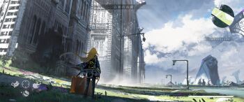 1girl absurdres artist_name asteroid_ill bird blonde_hair blue_sky cloak cloud commentary dragon fake_screenshot flower highres holding holding_suitcase iris_(asteroid_ill) lamppost long_hair minimap mushroom original rubble scenery sky solo suitcase user_interface