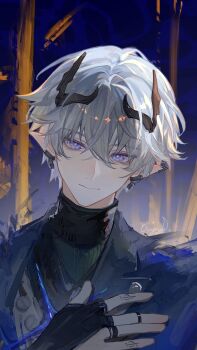 1boy absurdres ardashir_(arknights) arknights arknights:_endfield black_gloves black_horns black_shirt blue_eyes blue_jacket chinese_commentary closed_mouth commentary_request ear_covers gloves grey_hair highres horns jacket lapels looking_at_viewer male_focus partially_fingerless_gloves pointy_ears portrait shirt short_hair simple_background solo turtleneck white_background yuqiu777