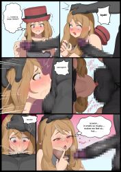 1boy 1girl abs absurdres black_shirt blonde_hair blue_eyes blush breasts censored colored_skin commentary deepthroat english_commentary english_text fellatio gen_1_pokemon grey_skin hat height_difference hetero highres irrumatio large_penis long_hair looking_at_penis machamp medium_breasts mosaic_censoring muscular muscular_male nintendo oral penis penis_awe pokemon pokemon_(creature) pokemon_xy pokephilia porkpie_hat red_hat serena_(pokemon) shirt skirt sleeveless sleeveless_shirt speech_bubble testicles wjs07