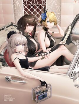 Rule 34 | 3girls, absurdres, ahoge, armlet, bag, bare shoulders, black choker, black dress, black gloves, blonde hair, blue eyes, blunt bangs, bracelet, breasts, brown hair, car, cheyanne (girls' frontline 2), choker, cleavage, collarbone, commentary request, convertible, dated, dress, dsr-50 (girls' frontline), dsr-50 (highest bid) (girls' frontline), earrings, evening gown, girls' frontline, girls' frontline 2: exilium, gloves, gold collar, grey hair, hair between eyes, hair intakes, hair ornament, half gloves, hand up, handbag, happy anniversary, highres, holding, holding bag, jewelry, large breasts, lianhua lher, logo, long hair, looking at viewer, loreley (girls' frontline 2), m200 (girls' frontline), m200 (war correspondent) (girls' frontline), mole, mole on breast, mole under eye, motor vehicle, multiple girls, nikketa (girls' frontline 2), official alternate costume, outdoors, parted lips, ponytail, purple eyes, red eyes, ring, short hair, sidelocks, sitting, sleeveless, sleeveless dress, small breasts, smile, steering wheel, strap slip, very long hair, vsk-94 (girls' frontline), vsk-94 (night on the silver bay) (girls' frontline)