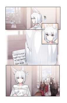 3girls absurdres akagi-chan_(azur_lane) amagi-chan_(azur_lane) animal_ear_fluff animal_ears azur_lane bell blue_eyes breasts brown_hair cloud english_text flying_sweatdrops fox_ears fox_girl fox_tail hair_bell hair_ornament highres holding holding_paper kaga_(azur_lane) long_hair motion_lines multiple_girls note paper robe samip short_hair sky tail twintails white_hair white_robe