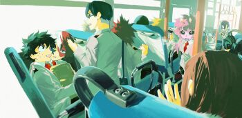 5girls 6+boys ashido_mina asui_tsuyu bakugou_katsuki black_hair black_sclera blonde_hair boku_no_hero_academia bow-shaped_hair breasts brown_hair bus_interior clenched_hand colored_sclera colored_skin freckles glasses green_hair grey_jacket hagakure_toru hair_between_eyes highres holding holding_phone horns iida_tenya invisible jacket jiro_kyoka kaminari_denki kirishima_eijiro konekutozzzzz long_hair medium_breasts midoriya_izuku multicolored_hair multiple_boys multiple_girls necktie on_bus open_mouth parted_lips phone pink_hair pink_skin red_hair red_necktie scar scar_across_eye scar_on_face school_uniform sero_hanta shirt smile todoroki_shoto two-tone_hair u.a._school_uniform uraraka_ochako waving white_hair white_shirt yellow_eyes
