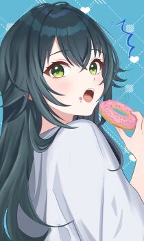Rule 34 | 1girl, :o, ^^^, absurdres, amashi 2278, argyle background, blue background, donut, dotted line, eating, food, food on face, gakuen idolmaster, green eyes, green hair, highres, holding, holding food, idolmaster, long hair, shirt, solo, tsukimura temari, upper body, white shirt