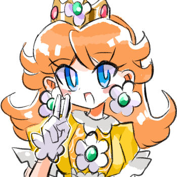 Rule 34 | 1girl, blue eyes, brown hair, commentary, crown, dress, earrings, flower earrings, highres, jewelry, long hair, looking at viewer, mario (series), nintendo, open mouth, orange dress, princess daisy, rakugaki shitagari-ya, simple background, smile, untranslatable commentary, v, white background