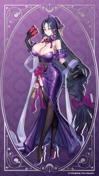 1girl bag bare_shoulders blush border braid breasts chinese_commentary cleavage commentary_request detached_collar detached_sleeves dress earrings envelope fate/grand_order fate_(series) formal_clothes full_body gloves gradient_background hair_ribbon handbag hat high_heels highres holding holding_envelope huge_breasts jewelry long_hair looking_at_viewer low-tied_long_hair minamoto_no_raikou_(fate) official_art ornate_border parted_bangs purple_eyes purple_hair ribbon second-party_source smile solo standing starshadowmagician thighhighs very_long_hair