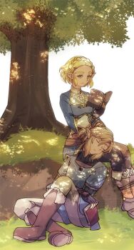 1boy 1girl black_pants blonde_hair blue_shirt book boots braid breasts brown_boots couple crown_braid earrings hair_between_eyes hair_ornament hairclip hetero highres holding holding_book jewelry kaidou_mitsuki lap_pillow link low_ponytail medium_breasts nintendo pants parted_bangs pointy_ears ponytail princess_zelda reading shirt sidelocks sleeping the_legend_of_zelda the_legend_of_zelda:_breath_of_the_wild tree under_tree