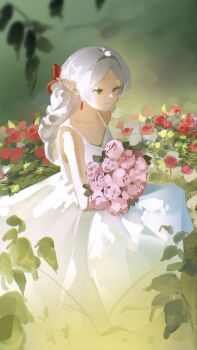 Rule 34 | 1girl, absurdres, alternate costume, alternate hairstyle, bouquet, branch, closed mouth, collarbone, commentary, dress, earrings, elf, field, flower, flower field, frieren, green eyes, grey hair, hair intakes, highres, holding, holding bouquet, ikachyu, jewelry, long dress, outdoors, pointy ears, sleeveless, sleeveless dress, solo, sousou no frieren, spaghetti strap, standing, teardrop earrings, white dress