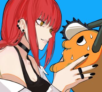 1girl absurdres aegyo_sal black_choker black_nails black_tank_top blue_background braid braided_ponytail chainsaw chainsaw_man choker collared_shirt ear_piercing fangs highres jewelry looking_at_another makima_(chainsaw_man) medium_hair multiple_piercings off-shoulder_shirt off_shoulder orange_eyes parted_lips piercing pochita_(chainsaw_man) red_hair ring ringed_eyes sailen0 shirt sidelocks simple_background smile sweat tank_top white_shirt