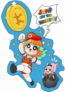 2girls bow bow_choker breasts chef_hat choker commentary_request cosplay detached_sleeves earrings english_text feather_earrings feathers gradient_hair green_choker green_hair hat highres hololive hololive_english jewelry kronii_coin_(meme) langzooma long_hair mario mario_(cosplay) mario_(series) mario_hat meme mini_chef_hat mori_calliope multicolored_hair multiple_girls multiple_hats nintendo open_mouth orange_hair orange_skirt parody pink_hair princess_peach princess_peach_(cosplay) skirt smile speech_bubble takanashi_kiara takanashi_kiara_(1st_costume) thighhighs virtual_youtuber