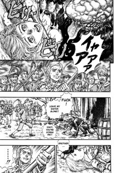 1girl berserk breasts breasts_out rape club_(weapon) defeat forced_to_watch hannah_(berserk) held_down helpless licking_breast missionary monochrome monster multiple_boys nipples official_art panels penis restrained scared sex siblings torn_clothes troll