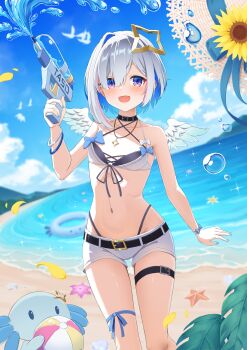 1girl absurdres amane_kanata angel_wings aqua_nails bare_shoulders belt bikini black_belt blue_hair blue_sky blurry blurry_background blush bob_cut breasts collarbone colored_inner_hair commentary_request feathered_wings front-tie_bikini_top front-tie_top gradient_wings hair_between_eyes halo hat highres holding holding_water_gun hololive looking_at_viewer multicolored_hair multicolored_wings navel nenechi open_mouth pink_hair purple_eyes short_hair short_shorts shorts sky small_breasts smile solo star_halo stomach straw_hat streaked_hair swimsuit thigh_strap virtual_youtuber water_gun white_bikini white_shorts white_wings wings yellow_halo