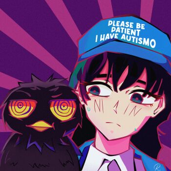 1girl bird black_hair blue_eyes blue_hat chainsaw_man closed_mouth english_text hat highres long_hair meme mitaka_asa please_be_patient_i_have_autism_(meme) reze_itz ringed_eyes sweatdrop war_devil_(chainsaw_man)