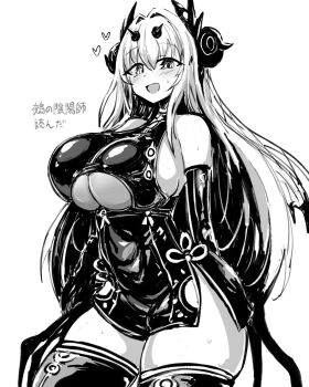 Rule 34 | aramine ishu, blush, breasts, elbow gloves, geist43195783, gloves, hair ornament, heart, highres, horns, huge breasts, long hair, monochrome, nue no onmyouji, open mouth, sketch, thick thighs, thighhighs, thighs, underboob