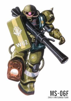 1980s_(style) bazooka_(gundam) cable character_name gundam gundam_msv highres looking_at_viewer machinery magazine_scan mecha mecha_focus mobile_suit no_humans official_art oldschool one-eyed ookawara_kunio painting_(medium) realistic retro_artstyle robot roundel scan science_fiction scope shield thrusters traditional_media zaku_ii zeon