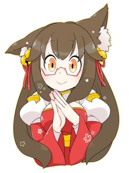 Rule 34 | 1girl, animal ear fluff, animal ears, arch bishop (ragnarok online), bell, breasts, cleavage cutout, closed mouth, clothing cutout, commentary request, dress, fox ears, fox girl, glasses, hair bell, hair ornament, hair ribbon, jingle bell, juliet sleeves, long hair, long sleeves, looking at viewer, medium breasts, oekakipikki, puffy sleeves, ragnarok online, red-framed eyewear, red dress, red ribbon, ribbon, sash, simple background, smile, solo, steepled fingers, two-tone dress, upper body, white background, white dress, wide sleeves, yellow eyes, yellow sash