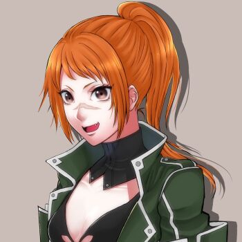 1girl :d bikini black_bikini breasts brown_eyes code_vein cropped_jacket fang green_jacket grey_background highres jacket long_hair looking_at_viewer murasame_rin_(code_vein) open_clothes open_jacket open_mouth orange_hair ponytail scar scar_on_face scar_on_nose shadow sidelocks simple_background small_breasts smile solo swimsuit upper_body usagi_san_080