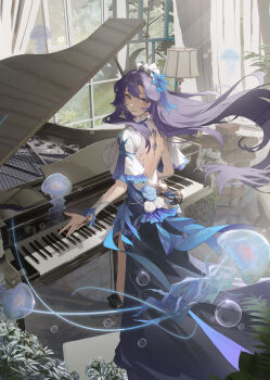 1girl absurdres back blue_eyes blue_flower breasts bubble cantarella_(wuthering_waves) closed_mouth commentary dress earrings flower grand_piano hair_flower hair_ornament headdress highres indoors instrument jellyfish jewelry large_breasts long_hair looking_at_viewer looking_to_the_side miguan_pt piano purple_hair smile solo white_dress wuthering_waves